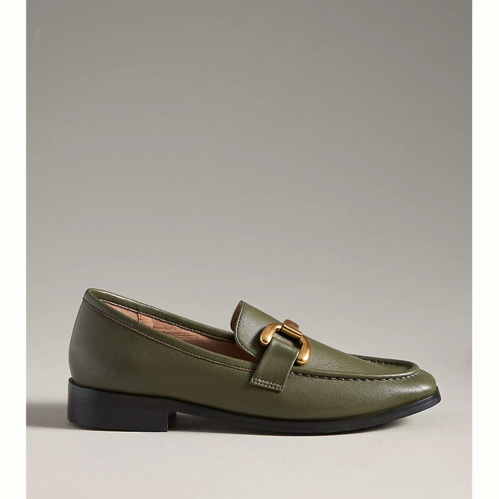 NEW Anthropologie Bibi Lou 🇪🇸 Moss green leather loafers EUR 38 Gold Horsebit
